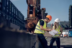 to bygningsarbeidere på en byggeplass med en mobilapp