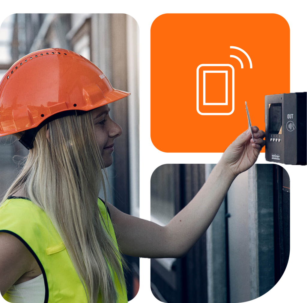 Kvinne registrerer sitt ID06-kort ved inngangen til byggeplassen