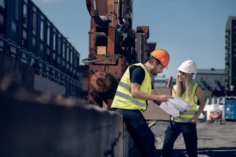 Bygningsarbeider bruker app på byggeplass