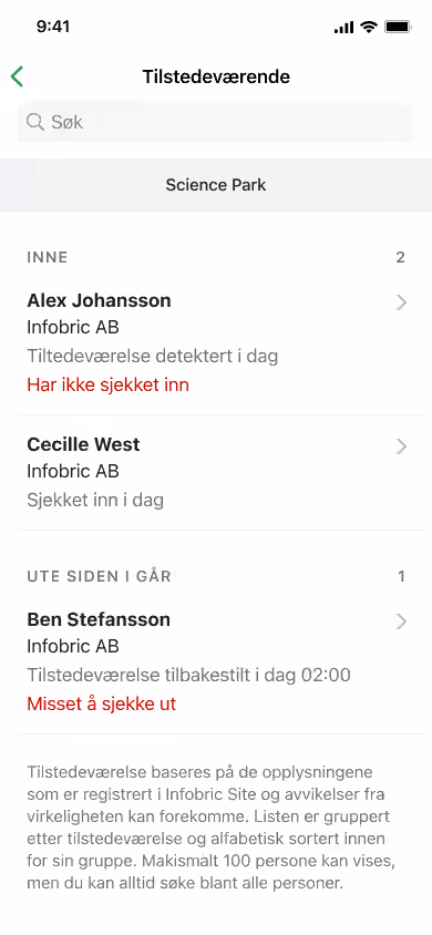 Skjermbilde som viser nærværsliste i Ease Checkin-appen