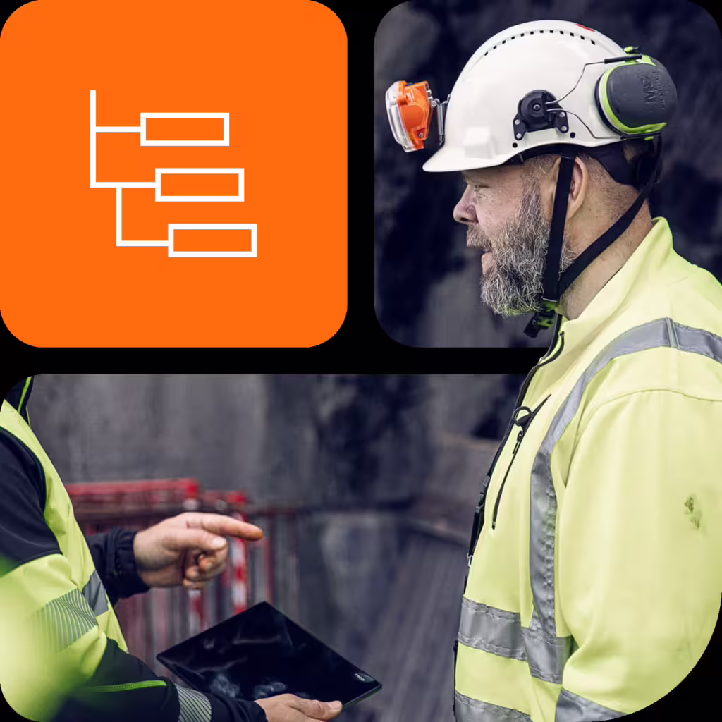 Grid-bilde med ikon som viser UE-kjede og en bygningsarbeider.