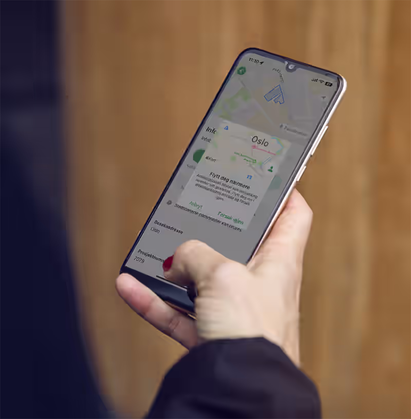 Skjermbilde som viser geofence i app for byggeplass.