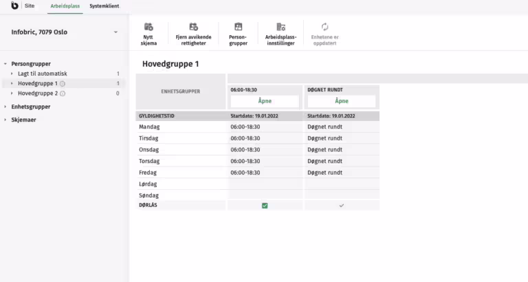 Skjermbilde som viser adgangskontroll i Infobric Site