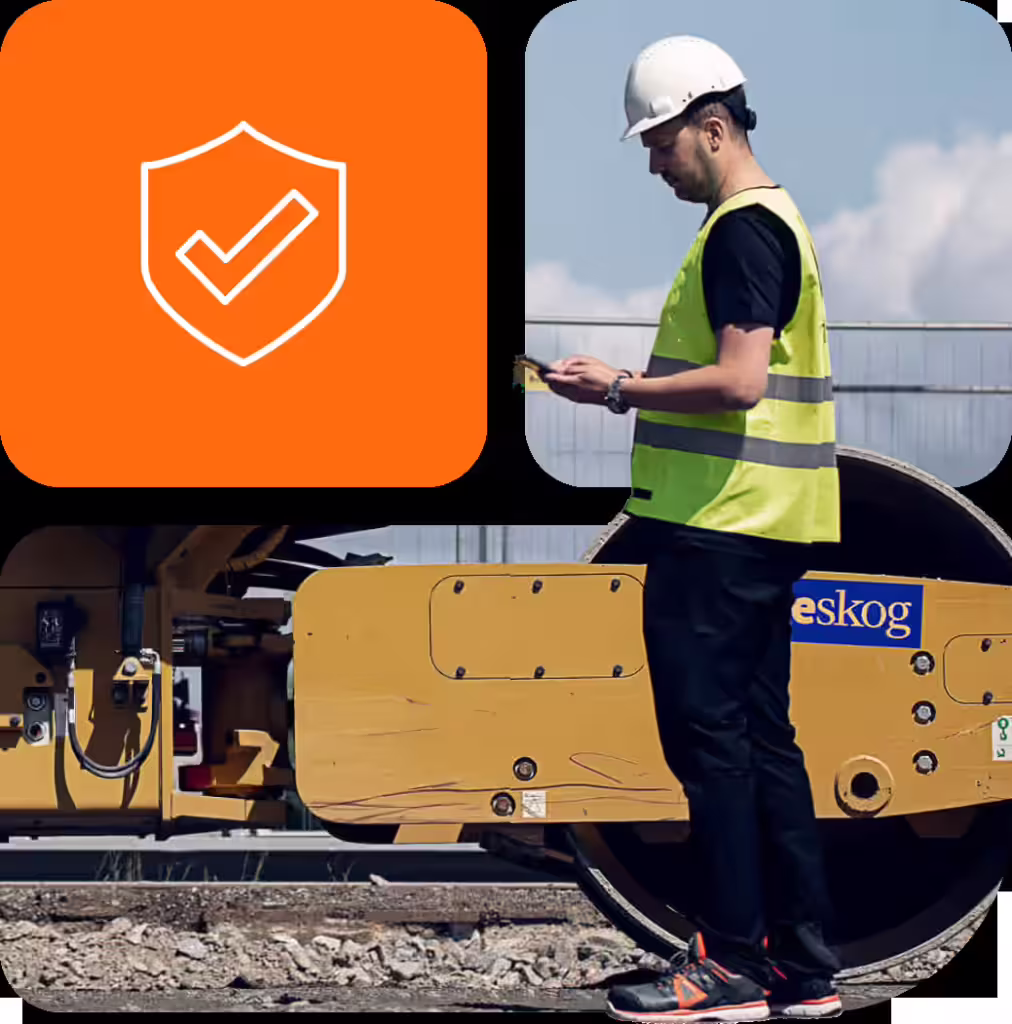 Arbeider utfører HMS-inspeksjon på mobil på byggeplass