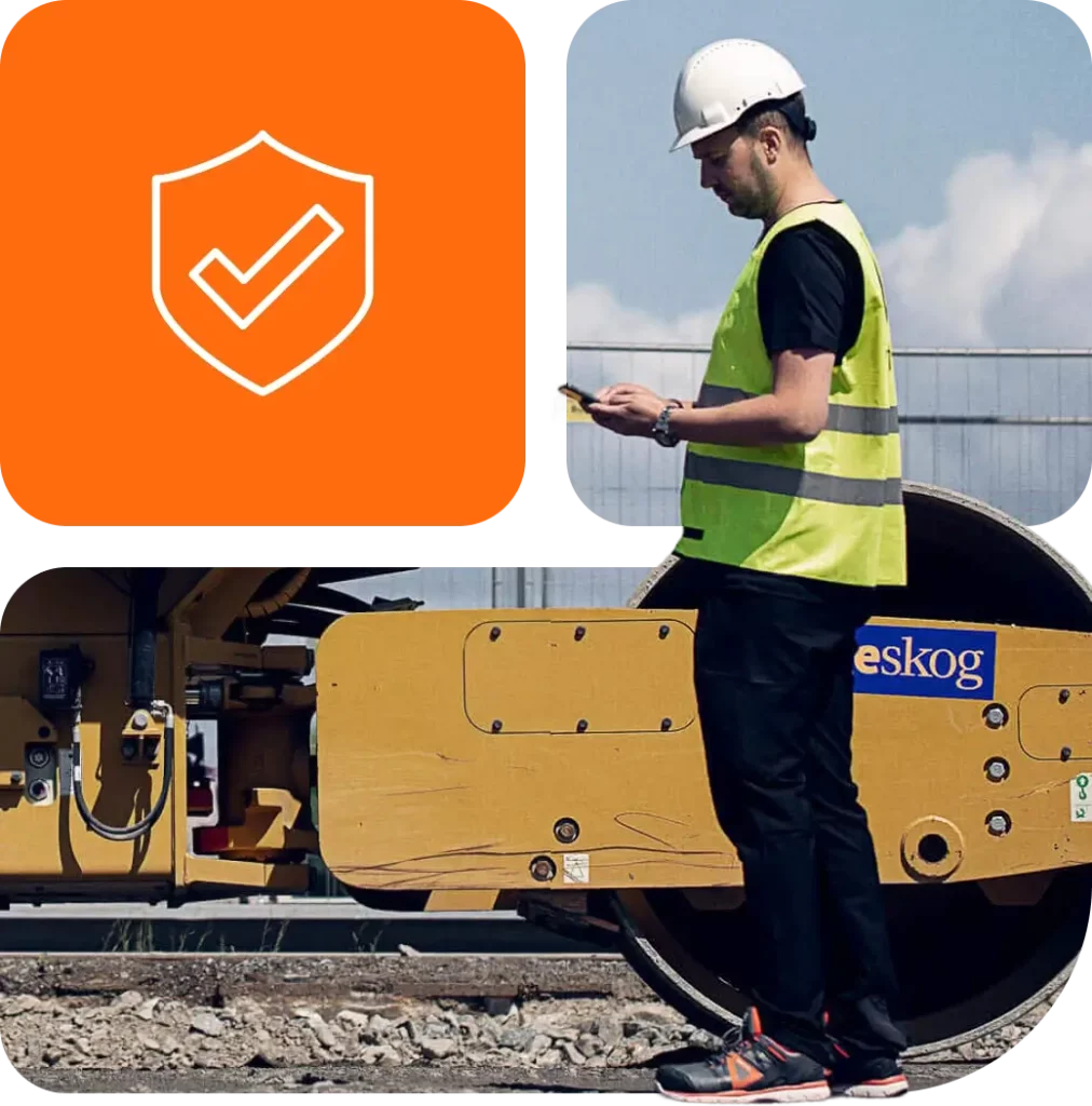 Arbeider utfører HMS-inspeksjon på mobil på byggeplass