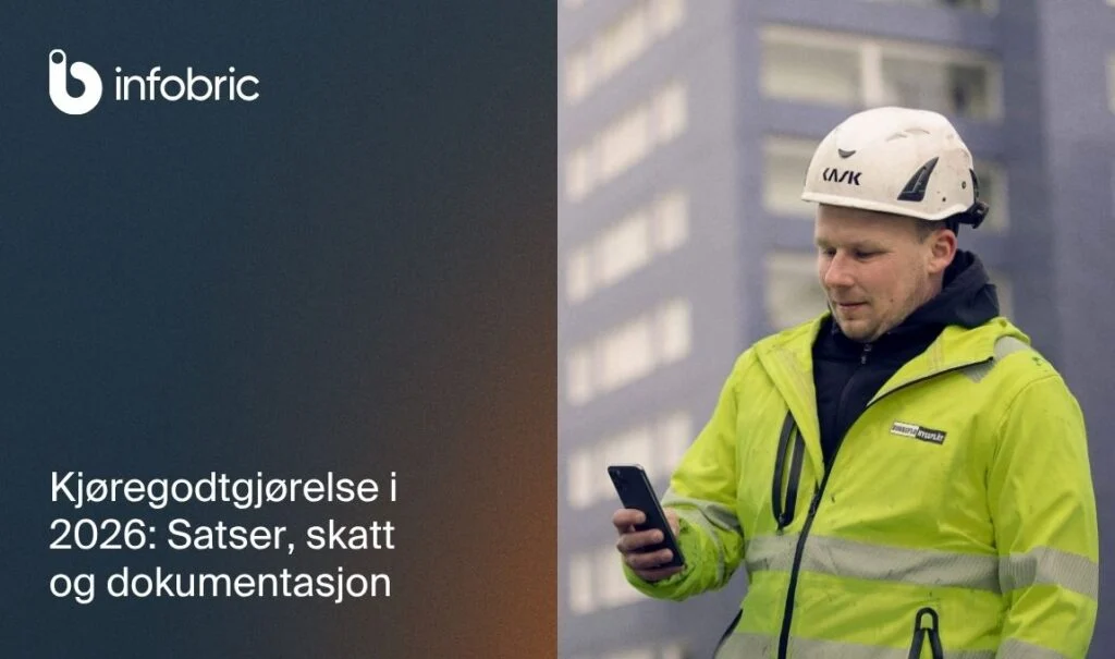 Kjøregodtgjørelse i 2026: Satser, skatt og dokumentasjon. Arbeider med hjelm og mobil.