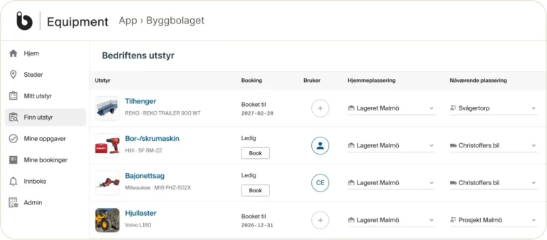 Utstyrsliste med ledig og booket utstyr i Infobric Equipment