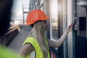 byggarbetare checkar in på byggarbetsplats med en regbox från infobric