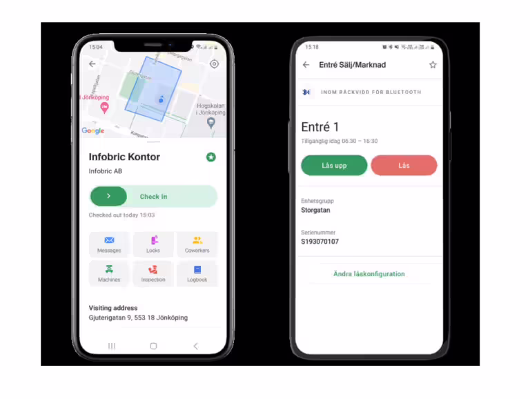 Två telefoner som visar appen Ease CheckIn