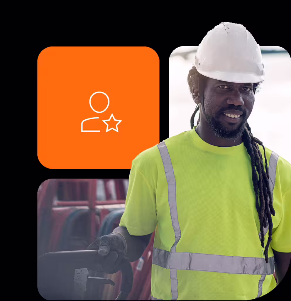 gridbild med ikon och byggarbetare med vit hjälm