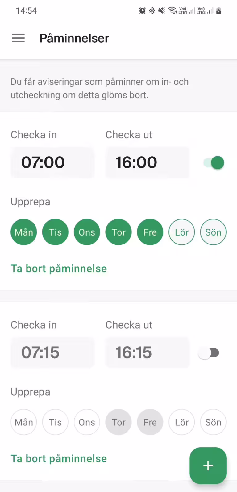 skärmavbild av påminnelsefunktion i appen för byggarbetsplatser