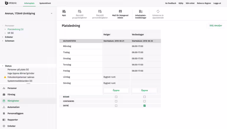 Gränssnitt i Infobric Site för hantering av tillträde och behörigheter