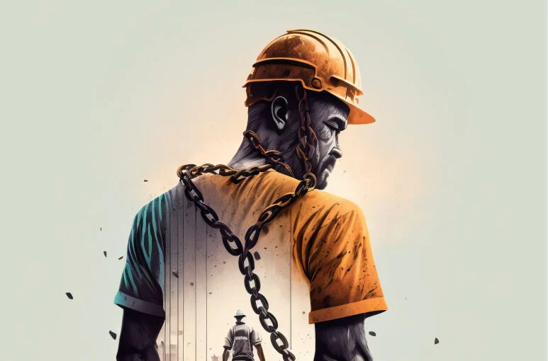 a construction worker with chains to symbolise modern slavery in construction