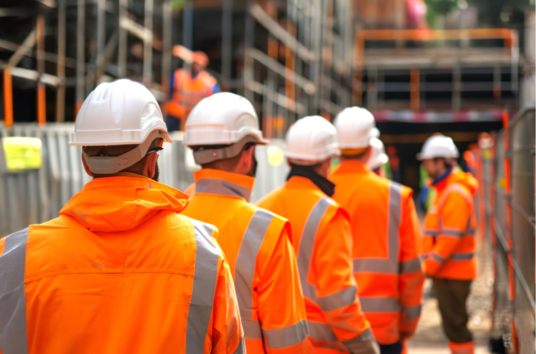 Construction workers lining up to sign in face mini