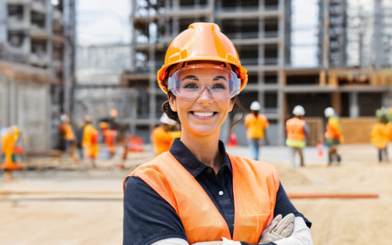 US Worker woman on a construction site